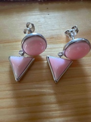 Pink Opal Cabochon and Triangle Dangle Earrings