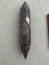 East Asian Silver Scroll Holder with Relief Decoration