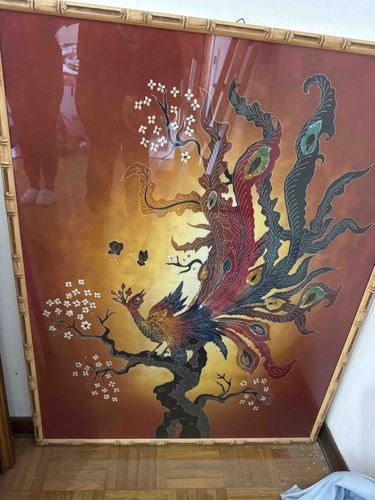 Framed Mother-of-Pearl Inlay and Paint Art Panel of Phoenix and Cherry Blossoms