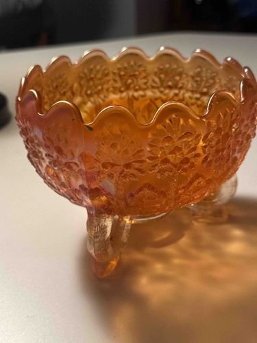 Iridescent Orange Carnival Glass Footed Bowl