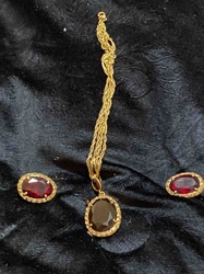 Gold-Toned Pendant Necklace and Matching Earrings Set with Faceted Gemstones