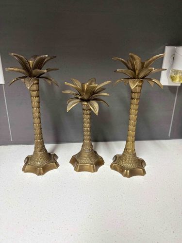 Set of Three Brass Palm Tree Candlestick Holders