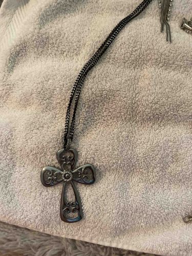 Stylized Dark Metal Cross Pendant Necklace