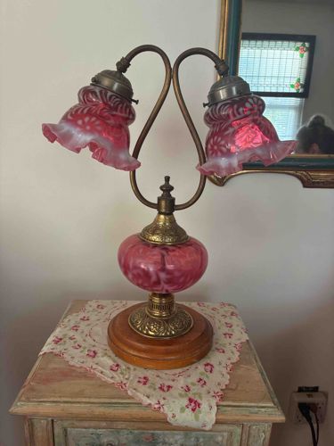 Vintage Dual-Arm Cranberry Slag Glass Parlor Lamp (Gone With The Wind Style)