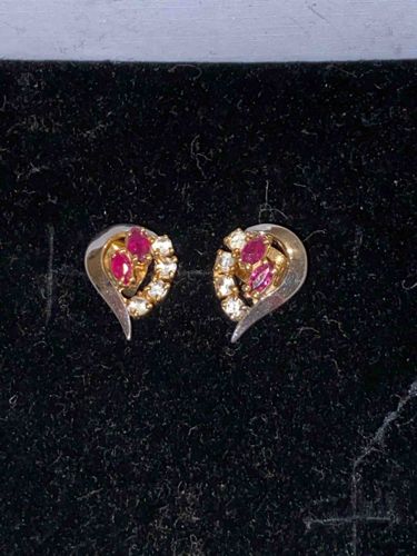 14K Gold Ruby and Diamond Heart Stud Earrings
