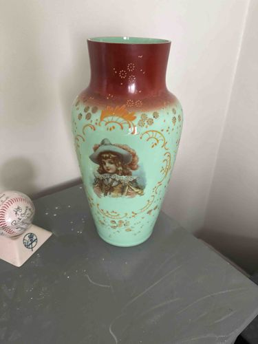 Victorian Enameled Glass Vase with Portrait Medallion