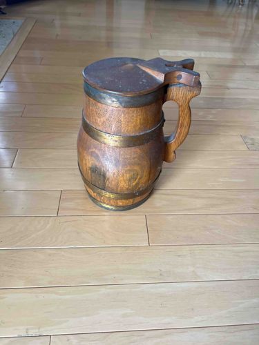 Antique Barrel-Stave Style Oak Beer Stein with Lid