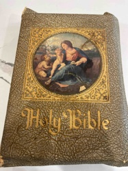 Antique Embossed Holy Bible with Madonna and Child Motif