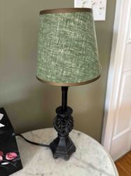 Vintage Table Lamp with Ornate Base and Green Fabric Shade