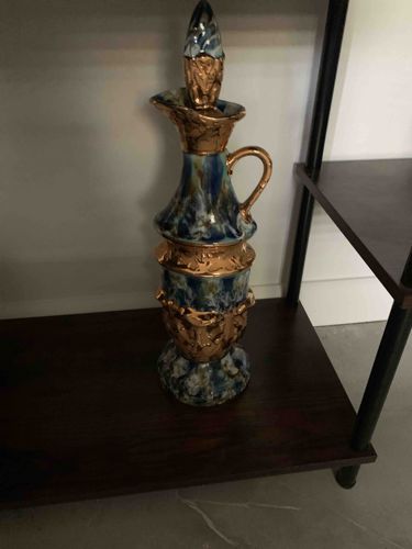 Mid-Century Modern Glazed Ceramic Decanter with Gold Accents
