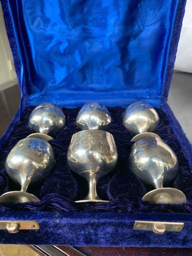 Set of Six Engraved Metal Goblets in Velvet-Lined Case