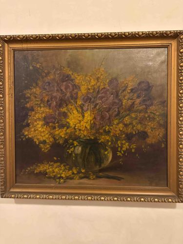 Floral Still Life Painting of Irises and Mimosa in a Vase