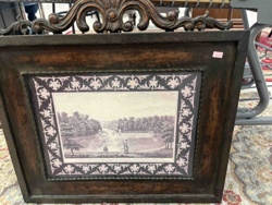 Framed Golf Course Engraving with Ornate Top Ornamentation