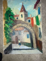 Painting of a European Town Archway Scene