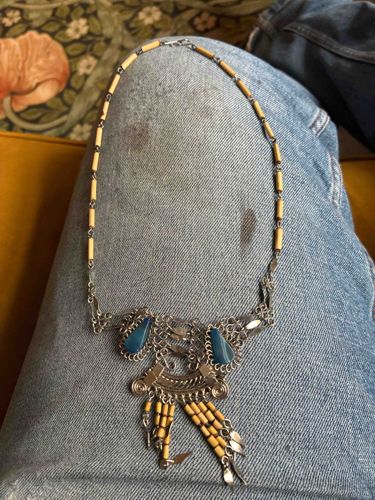 Tribal Style Bib Necklace with Faux Turquoise and Wooden Beads