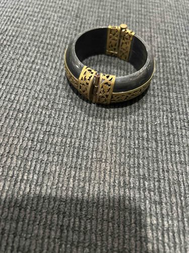 Vintage Black Lacquer or Wood Bangle with Filigree Brass Overlay