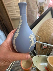 Wedgwood Pale Blue Jasperware Bud Vase with Cherub and Foliate Relief