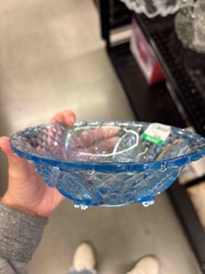 Blue Depression Glass Footed Bowl with Diamond Pattern