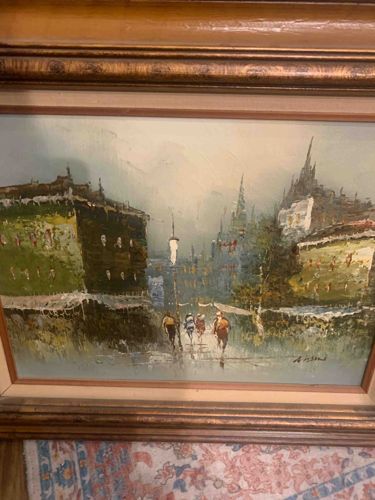 Street Scene Painting with Equestrian Figures by A. Rival