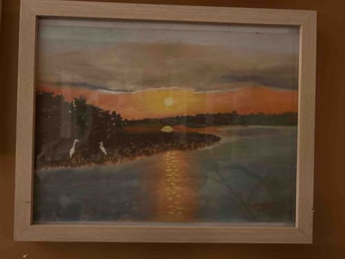 Framed Sunset Landscape Painting with Egrets