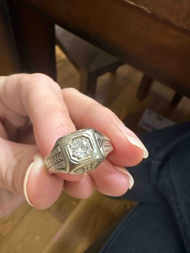 Art Deco Transitional Cut Diamond 18K White Gold Men's Signet-Style Ring