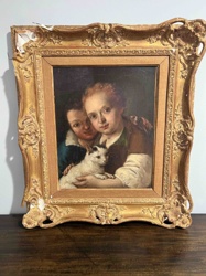 Oil Painting of Children with a Cat in an Ornate Gilded Frame