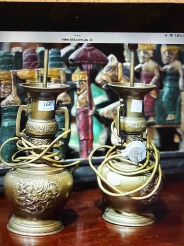 Pair of Oriental Twin-Handled Dragon Motif Brass Lamp Bases