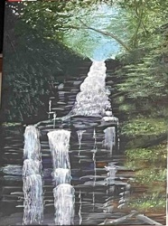 “Waterfall in a Lush Forest” Acrylic Painting by Mary Chesney
