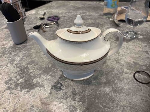 White Porcelain Teapot with Geometric Banding