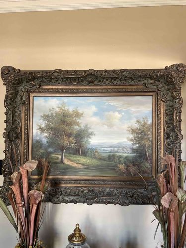 Romanticist Pastoral Landscape Oil Painting in Ornate Rococo-Style Frame