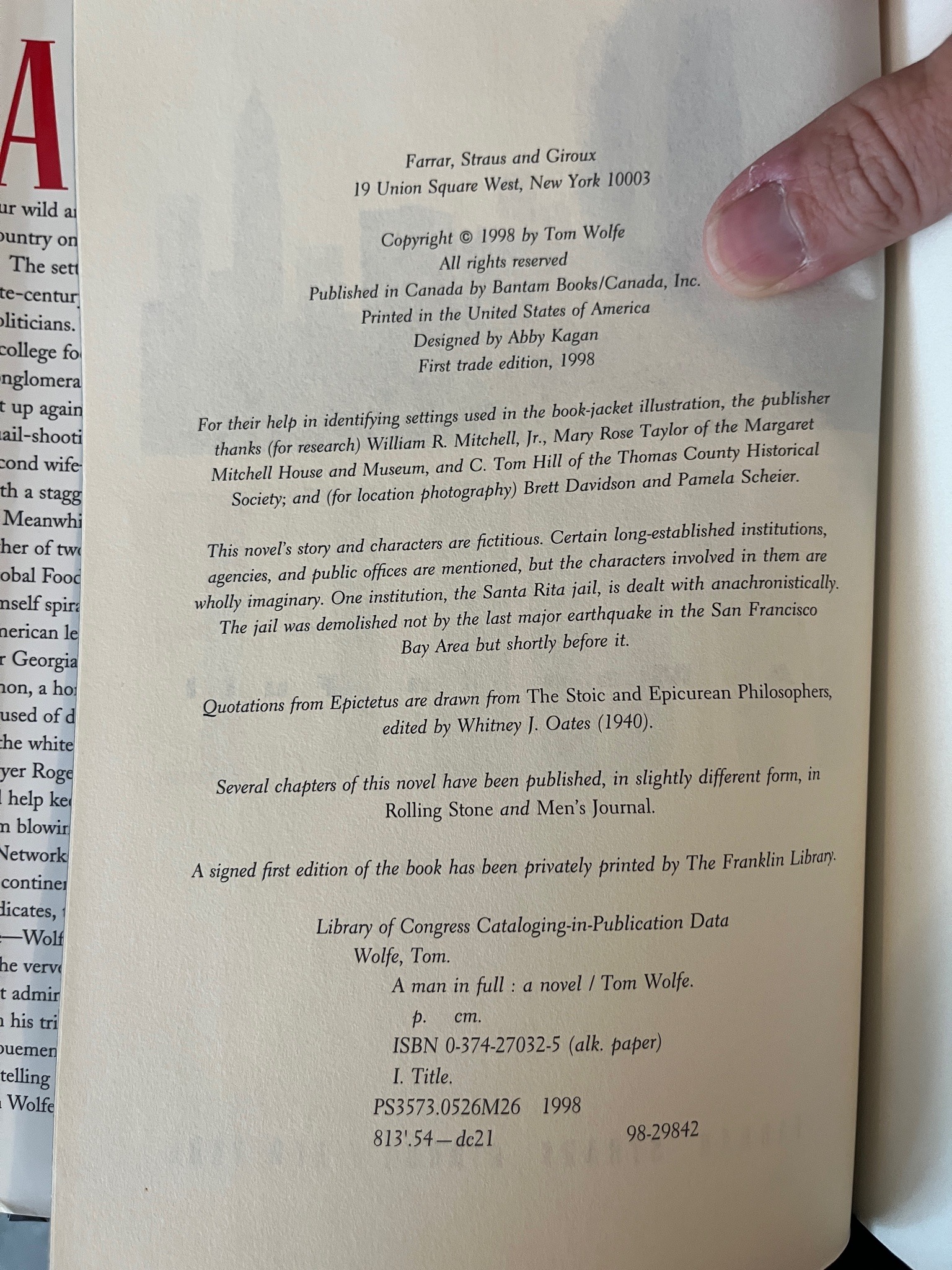 Submitted photo of Hardcover Book Copyright Page for A Man in Full by Tom Wolfe (not authenticated)