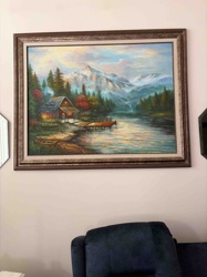 Lakeside Cabin Mountain Landscape Painting