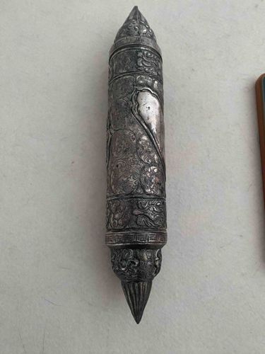 East Asian Silver Scroll Holder with Relief Decoration