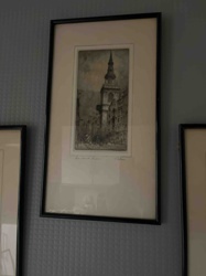 Framed Etching of a Cityscape with Steeple