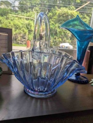 Pale Blue Rippled Glass Basket with Handle