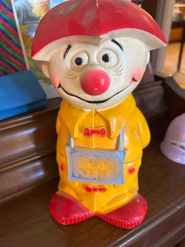 Humorous Clown/Gnome Figurine in Raincoat with Umbrella Hat