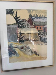 Winter Village Scene Watercolor Painting by Nagle, 1979