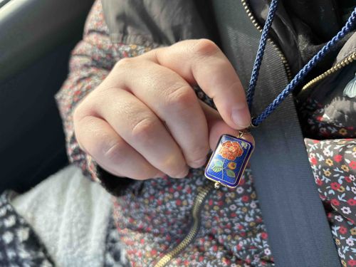 Vintage Rectangle Cloisonné Rose Pendant on Blue Cord