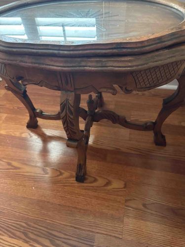 Carved Wood and Glass Top Coffee Table