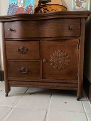 Antique Oak Commode with Carved Cabinet and Drawers