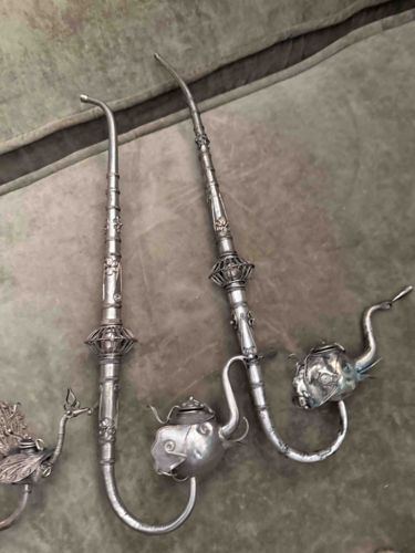 Ornate Silver-Toned Figural Smoking Pipes with Elephant and Bird Motifs