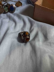Vintage Silver-Toned Ring with Two Cabochon Gemstones (Tiger's Eye & Amber-like Stone)