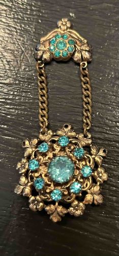 Vintage Filigree Turquoise Rhinestone Brooch Pin