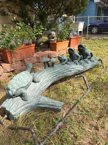 Brass Turtle, Frog, and Mushroom Log Outdoor Fountain