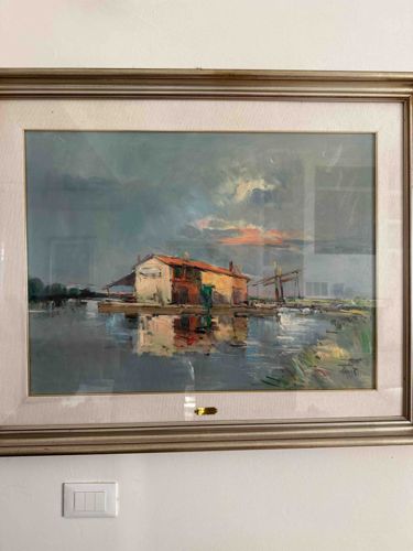 Painting by Piccoli Renzo, featuring a waterside building and boat