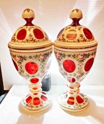 Pair of Bohemian Ruby Cut-to-Clear and Enamel Decorated Lidded Urns