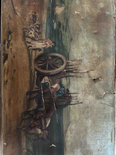 Heavily Damaged Old Master Style Oil Painting Fragment with Figure and Cartwheel