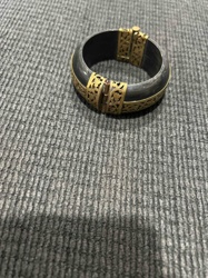 Vintage Black Lacquer or Wood Bangle with Filigree Brass Overlay