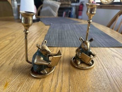 Pair of Brass Mouse Reading Candlesticks