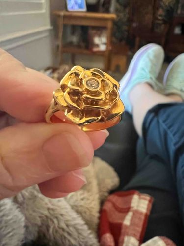 Gold Camellia Flower Ring with Inset Stone